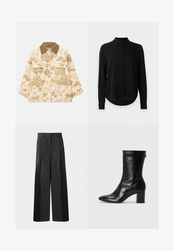 Beige Jacke mit Blumenmuster und Cordkragen, ausgestattet mit vier vorderen Taschen und einer lockeren Passform. Strukturierter Stoff mit botanischen Designs.; Schwarze Bluse mit langen Ärmeln, spitzem Kragen, verdeckter Knopfleiste und abgerundetem Saum vor einem schlichten weißen Hintergrund.; Schwarze, weit geschnittene Hose mit hoher Taille, versehen mit Frontfalten, einer glatten Textur und einem maßgeschneiderten Finish. Entworfen für eine lockere Passform.; Schwarze Leder-Ankle-Boots mit spitzer Zehe und 4 cm Blockabsatz. Schlankes Design mit einem seitlichen Reißverschluss für einfaches Anziehen. Glatte Textur.