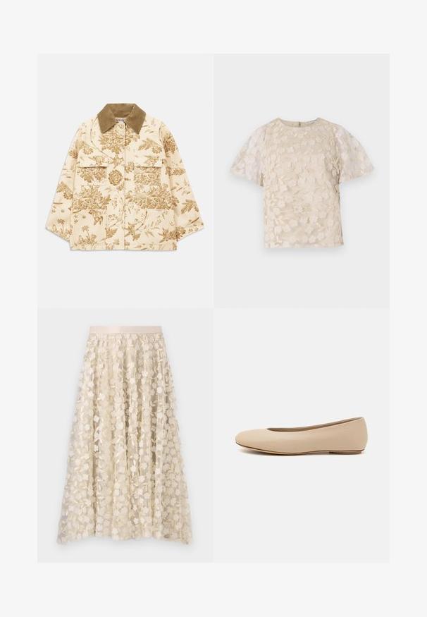 Béžová bunda s kvetinovým vzorom a zamatovým golierom, ktorá má štyri predné vrecká a voľný strih. Textúrovaná látka s botanickými motívmi.; Béžová blúzka s kvetinovou výšivkou, priesvitnými balónovými rukávmi, okrúhlym výstrihom a zadným zipsom. Textúrovaný kvetinový vzor na prednom panely.; Kvetinová výšivka na priesvitnej sukni v krémovej farbe so saténovým pásom. Dizajn obsahuje malé, jemné kvety a listy.; Béžové kožené baleríny s okrúhlym prstom, minimálnym švom, nízkym podpätkom a diskrétnym logom na zadnej strane. Hladká, matná textura.