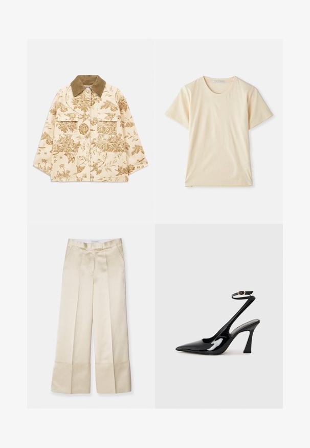 Béžová bunda s kvetinovým vzorom a zamatovým golierom, ktorá má štyri predné vrecká a voľný strih. Textúrovaná látka s botanickými motívmi.; Krémové tričko vyrobené z mäkkej, ľahkej bavlny, s krátkymi rukávmi a okrúhlym výstrihom. Bez viditeľných vzorov alebo akcentov.; Béžové nohavice s širokými nohavicami vyrobené z hladkej tkaniny, s vysokým pásom, prehnutým predným dielom a zloženým lemom, obsahujú bočné vrecká a čistý finiš.; Čierne lakované kožené lodičky na podpätku s špicatou špičkou, nastaviteľným popruhom okolo členka a stredne vysokým blokovým podpätkom. Hladký povrch s lesklým finišom.