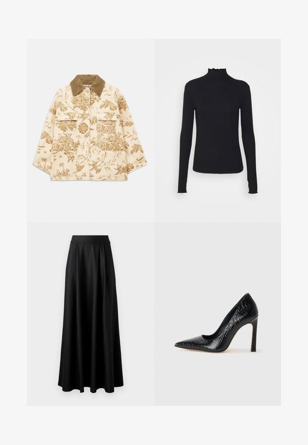 Beige Jacke mit Blumenmuster und Cordkragen, ausgestattet mit vier vorderen Taschen und einer lockeren Passform. Strukturierter Stoff mit botanischen Designs.; Schwarz, langärmliges Turtleneck-Oberteil aus glattem Material, mit einem gerafften Kragen und einer enganliegenden Silhouette mit einfachen Kanten.; Schwarzer, bodenlanger Rock mit glatter Textur, weitem Bund und plissiertem Design, ohne sichtbare Muster oder Verzierungen.; Schwarzer, spitz zulaufender High Heel mit Krokodilleder-Struktur, elegantem Design, hohem Stiletto-Absatz und glattem schwarzen Innenraum.