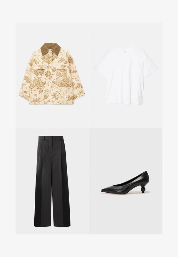 Beige takki, jossa on kukkakuosisia koristeita ja corduroy-kaulus, neljä etutaskua ja rento istuvuus. Rakenne on teksturoitu ja siinä on kasvitieteellisiä kuvioita.; Valkoinen puuvillapaita lyhyillä hihoilla, pyöreällä pääntiellä, rentoa tyyliä ja ommeltu helma. Tunniste näkyvissä sisäkauluksessa.; Mustat, leveälahkeiset housut korkealla vyötäröllä, etupleiteillä, sileällä pinnalla ja huolitellulla viimeistelyllä. Suunniteltu rentoon istuvuuteen.; Musta nahkakengät korkealla korolla, joissa on terävä kärki ja pyöreä, pallomainen korko. Sileä pinta ja tyylikäs, minimalistinen muotoilu.