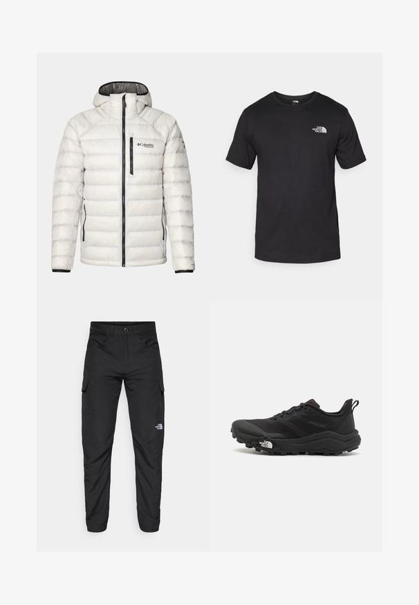 Columbia ARCTIC CREST™ HOODED JACKET - Dunjakker - nimbus grey; Sort kortærmet t-shirt lavet af bomuld, med rund halsudskæring og et lille hvidt logo på den øverste venstre brystområde.; The North Face HORIZON PANT - Outdoorbukser - black; Sort trail løbesko med en struktureret overdel, gummisål og forstærket tåhætte. Har en polstret krave og en pull-tab til nem påtagning.