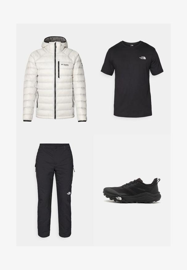 Columbia ARCTIC CREST™ HOODED JACKET - Pūkinė striukė - nimbus grey; Juodas trumpas rankovės marškinėliai, pagaminti iš medvilnės, su apvaliu kaklu ir mažu baltu logotipu viršutiniame kairiajame krūtinės kampe.; The North Face WINTER EXPLORATION TAPERED CARGO - Lauko kelnės - black; Juoda bėgimo batai su tekstūruotu paviršiumi, guma padais ir sustiprinta pirštų dalimi. Yra paminkštinta apykaklė ir kilpos, leidžiančios lengvai užsidėti.