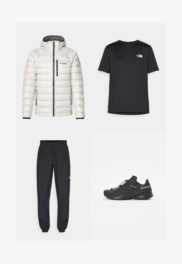 Columbia ARCTIC CREST™ HOODED JACKET - Jachetă cu puf - nimbus grey; Tricou negru cu mânecă scurtă, realizat dintr-un material ușor. Prezintă un mic logo alb pe pieptul stâng și accente subtile pe umeri.; Pantaloni atletici negri, confecționați dintr-un material ușor, cu un tiv elastic la talie, buzunare laterale și tivuri ajustate la gleznă.; Pantofi de alergare pe teren accidentat, negri, cu un superior texturat, șireturi elastice și talpă Contagrip. Au un fit strâns și un capac de protecție pentru degete.