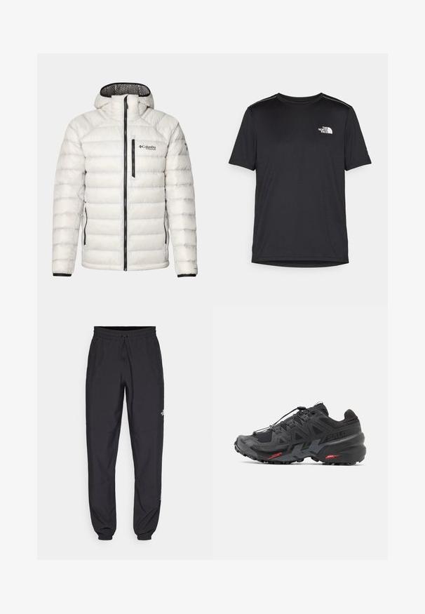 Columbia ARCTIC CREST™ HOODED JACKET - Doudoune - nimbus grey; T-shirt noir à manches courtes en tissu léger. Présente un petit logo blanc sur la poitrine gauche et des accents subtils aux épaules.; Pantalon de sport noir en tissu léger, avec une taille à cordon, des poches latérales et des chevilles resserrées.; Baskets de running noires avec tige en synthétique, design texturé et accents rouges contrastants. Équipées d'un système de laçage sécurisé et d'une semelle extérieure robuste.