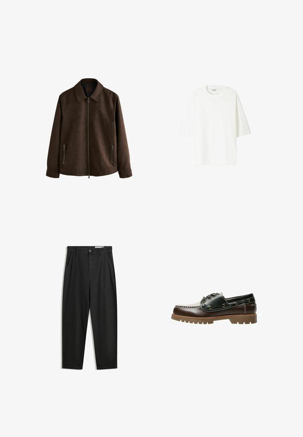 Veste en daim marron avec un col, fermeture éclair sur le devant et deux poches latérales zippées. Tissu lisse avec un design minimaliste.; T-shirt blanc à manches courtes en coton, avec un col rond et une coupe décontractée avec une ligne d'ourlet droite.; Pantalon en coton noir avec une coupe décontractée, dotés d'une taille classique, de plis à l'avant et de poches latérales. Texture lisse sans motifs.; Bateau en cuir marron et vert avec un design cousu en blanc, lacets ronds et une semelle en caoutchouc texturée. Construction durable avec des œillets en métal.