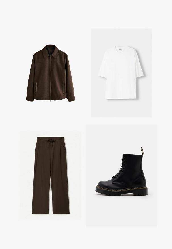 Brun mocka jacka med krage, framtida dragkedja och två sidofickor med dragkedja. Slät textur med en minimalistisk design.; Vit t-shirt med kort ärm, tillverkad av bomull, med rund halsringning och en avslappnad passform. Slät yta utan synliga mönster eller detaljer.; Bruna vida byxor tillverkade av mjukt material, med resårmidja och snörning, två sidofickor och en jämn textur.; Svarta läderankelboots med snörning framtill, gul söm, rund tå och en tjock, texturerad gummisula.