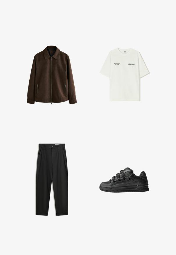 Jachetă din suede maro cu guler, fermoar frontal și două buzunare laterale cu fermoar. Textură netedă cu un design minimalist.; T-shirt alb din bumbac cu mâneci scurte. Partea din față prezintă text negru: "NU MÂINE NU ASTĂZI" și "ARTA DE A MUDUI" în script verde.; Pantaloni negri din bumbac cu croială lejeră, având un brâu clasic, plii frontale și buzunare laterale. Textură netedă fără modele.; Adidași negri cu o parte superioară din piele netedă, accente texturate și șireturi rotunde negre și albe. Talpă groasă din cauciuc cu un profil texturat.