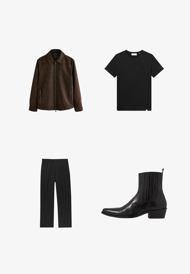 Bruine suede jacket met een kraag, voorkant met ritssluiting en twee ritstas aan de zijkanten. Glad textuur met een minimalistisch ontwerp.; Zwarte T-shirt met korte mouwen van katoen, met een ronde hals en een klein logo geborduurd op de borst. Soepele textuur, normale pasvorm.; Zwarte broeken met een recht model, gemaakt van een gladde stof. Voorzien van een voorplooien en een enkele knoopsluiting bij de taille.; Zwarte leren enkellaarzen met een spitse neus, elastische zijpanele, verticale stiksels en een lage blokhak.