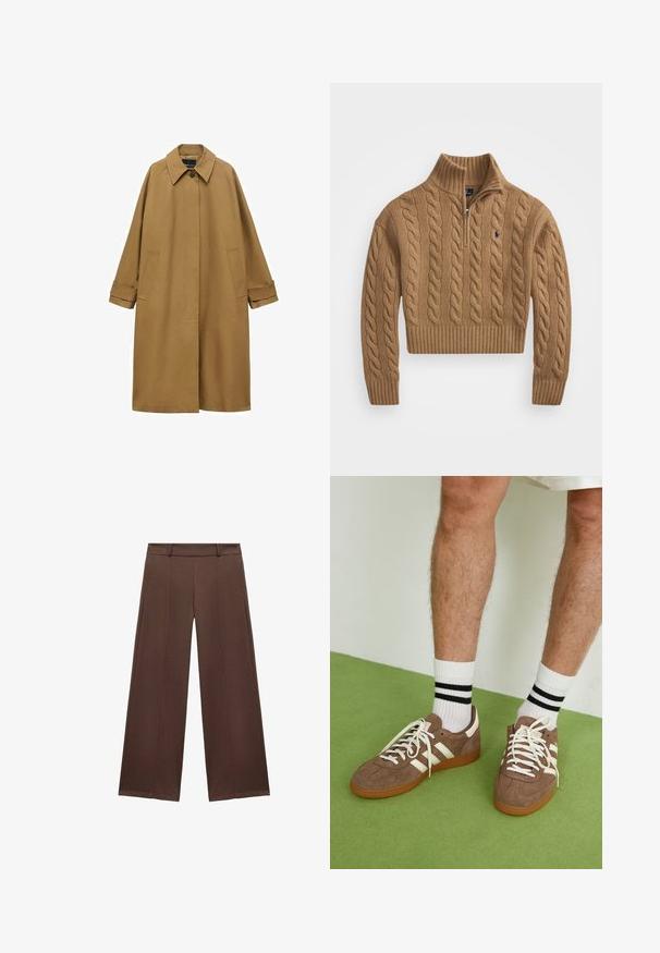 Brun trenchcoat lavet af glat stof, med krave, lange ærmer og to sidelommer. Løs pasform, knælangt design.; Cable-strik sweater i honningbrun farve med høj krave og kvart lynlås. Ribbet kant og manchetter tilfører tekstur til designet.; Brune brede bukser lavet af blødt stof, med flad front, en taljebånd og plisserede detaljer for ekstra tekstur.; Brune ruskind sneakers med hvide detaljer og snørebånd. Gummisål i naturgummi. Båret med hvide sokker med sorte striber. Grøn struktureret gulv.