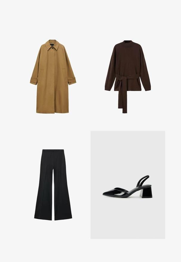 Brun trenchcoat lavet af glat stof, med krave, lange ærmer og to sidelommer. Løs pasform, knælangt design.; Brun strikket sweater med høj hals, lange ærmer og en matchende taljebind. Blød tekstur og afslappet pasform.; Sorte brede bukser med en glat tekstur, der har fremadrettede folder og en skræddersyet design. Stofferne er lette og flerdimensionelle.; Sorte patentlæder slingback hæle med spids tå og en geometrisk blok hæl. Har et elegant, minimalistisk design og en glat tekstur.