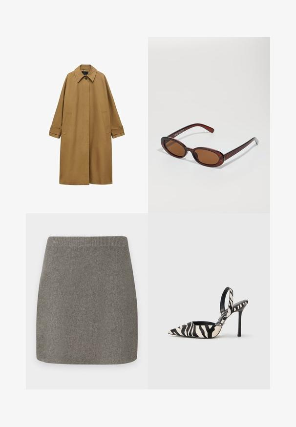 Brun trenchcoat lavet af glat stof, med krave, lange ærmer og to sidelommer. Løs pasform, knælangt design.; Hvid crewneck langærmet sweater med ribbede manchetter og kant, der har en blød, let fuzzy tekstur.; Grå strikket miniskørt med ribbet talje, glat tekstur og lige snit, designet til en tætsiddende silhuet.; Sort-hvid zebra-print højhælet slingback-sko med spids tå og slank stilet-hæl på ensfarvet baggrund.; Runde, bruntonede solbriller med en glansfuld bordeauxramme. Slanke arme med diskret brandingdetalje. Flad linsedesign.; Brun vævet læderhandbag med en slasket, trekantet form. Har et flettet håndtag og en lynlåslukning langs toppen.