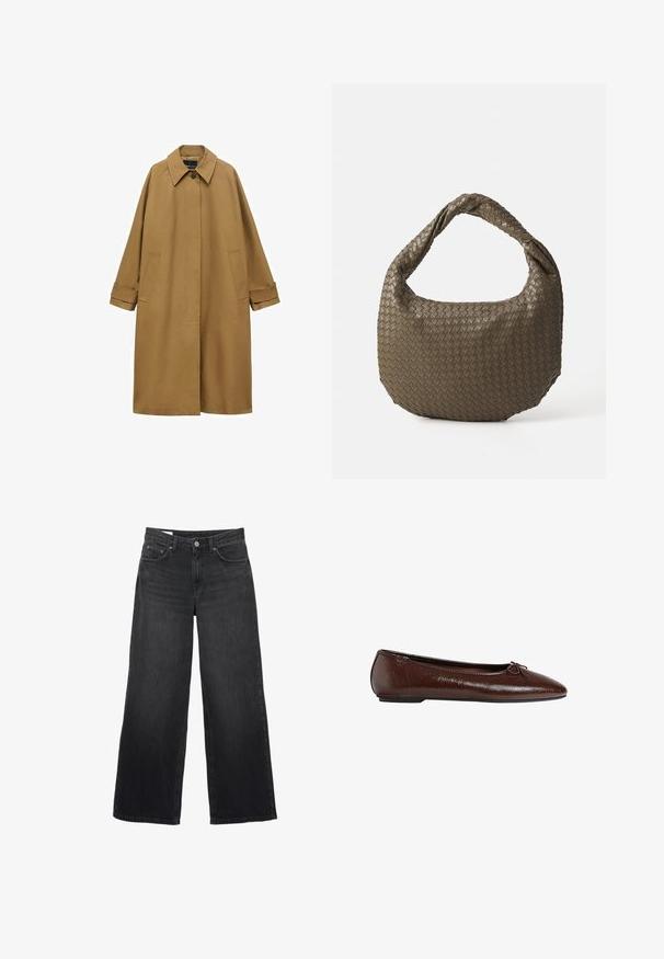 Hnědý trenčkot vyrobený z hladké tkaniny, s límečkem, dlouhými rukávy a dvěma bočními kapsami. Volný střih, dlouhý po kolena.; Světle béžový svetr s kulatým výstřihem vyrobený z jemné pleteniny. Obsahuje dlouhé rukávy a žebrované manžety, s uvolněným střihem a minimalistickým designem.; Černé široké džíny vyrobené z denimu. Mají klasický pětikapsový design, rovný střih a přední zapínání na knoflík.; Hnědé kožené baletní byty s hladkým povrchem, špičatou špičkou a mašlí na přední straně, s nízkou černou gumovou podešví.; Tkaná olivově zelená kabelka zaobleného tvaru s propleteným držadlem. Texturovaný povrch má diagonální vzor. Zapínání na zip.