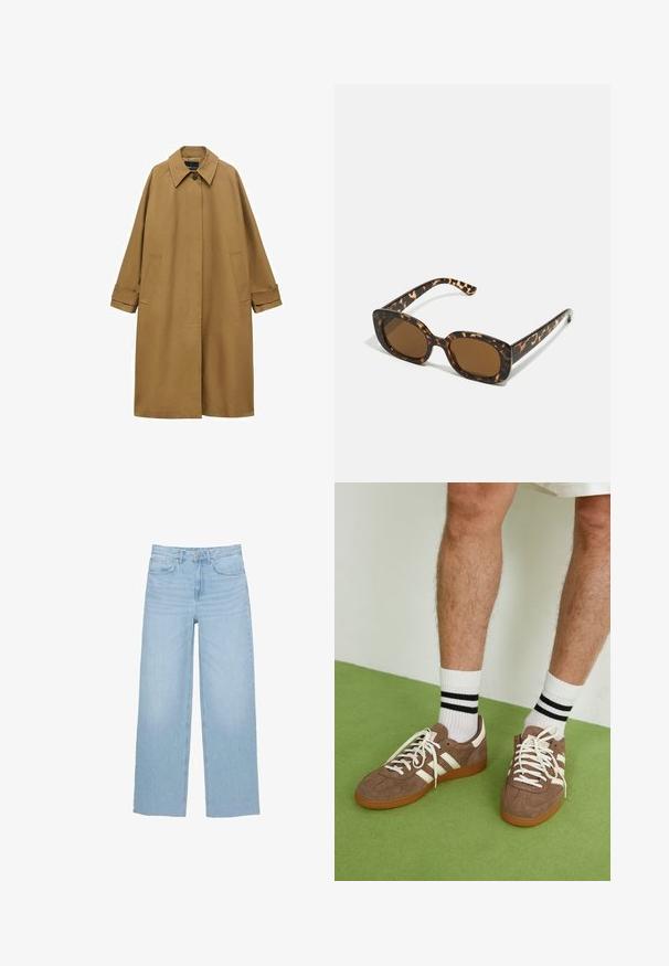 Brun trenchcoat lavet af glat stof, med krave, lange ærmer og to sidelommer. Løs pasform, knælangt design.; Hvid- og gråstribet cropped sweater med høj hals og lynlås foran. Struktureret, strikket stof med ribbet kant.; Lysblå brede jeans lavet af denim, med høj talje, lige snit og fem-lomme design med en ren kant.; Brune ruskind sneakers med hvide detaljer og snørebånd. Gummisål i naturgummi. Båret med hvide sokker med sorte striber. Grøn struktureret gulv.; Skildpadde-solbriller med en rund, kraftig ramme og brune linser. Har subtile mønstre og lige, afsmalnende stænger.