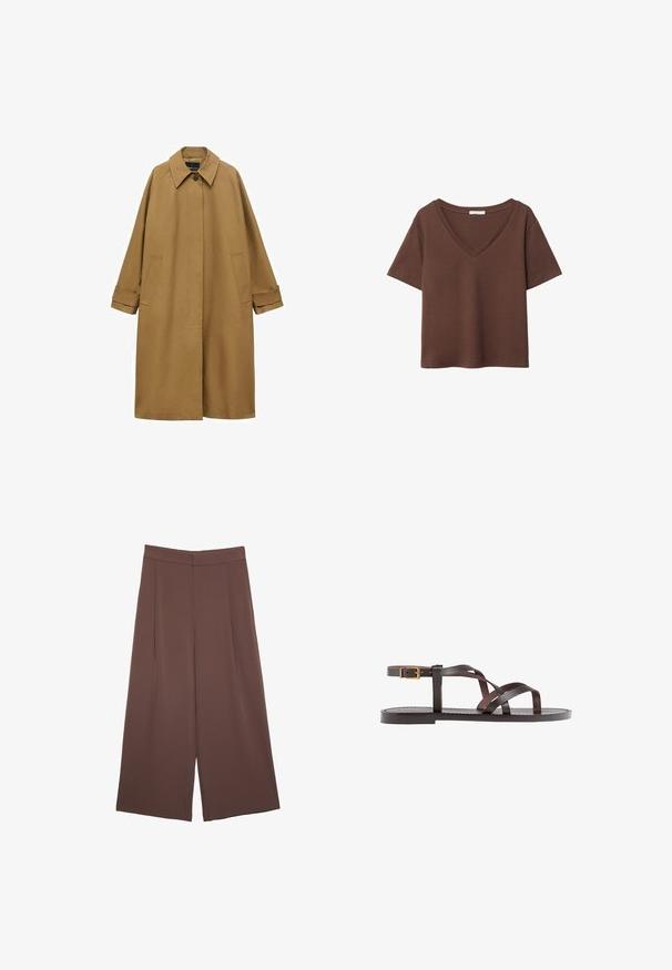 Ruskea trench-takki, joka on valmistettu sileästä kankaasta. Siinä on kaulus, pitkät hihat ja kaksi sivutaskua. Höyhenkevyt istuvuus, polvipituinen malli.; Ruskea puuvillapaita, jossa on lyhyet hihat ja syvä V-kaula-aukko. Yksinkertainen muotoilu, pehmeä rakenne ja suora helma. Ei kuvioita tai yksityiskohtia.; Ruskeat leveälahkeiset housut, joissa on sileä pinta, korkea vyötärö ja etupleat. Kangas on kevyttä ja laskeutuu väljänä.; Ruske kožne sandale s križnim trakama, zatvaranjem na kopču oko gležnja i ravnim potplatom s minimalnim detaljima šivanja.