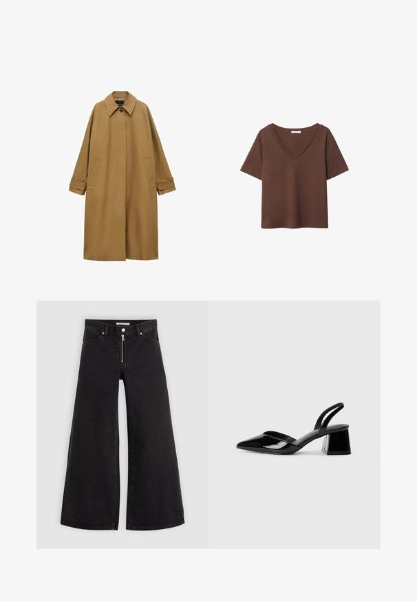 Ruskea trench-takki, joka on valmistettu sileästä kankaasta. Siinä on kaulus, pitkät hihat ja kaksi sivutaskua. Höyhenkevyt istuvuus, polvipituinen malli.; Ruskea puuvillapaita, jossa on lyhyet hihat ja syvä V-kaula-aukko. Yksinkertainen muotoilu, pehmeä rakenne ja suora helma. Ei kuvioita tai yksityiskohtia.; Mustat leveälahkeiset farkut, joissa on vetoketjufrunti, viisi-taskuinen muotoilu ja hienovaraiset ompelusyyt. Sileä pinta ja rento tyyli.; Mustat patentoitu nahkakengät, joissa on säären takaosa ja terävä kärki, sekä geometrinen palikkakorko. Sisältää tyylikkään, minimalistisen muotoilun ja sileän pinnan.