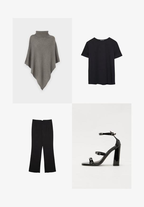 Grå strikket poncho med høj krave, der har et løst, draperet design og en triangulær form, lavet af blødt garn.; Simpel sort kortærmet bomulds T-shirt med rund hals, præsenteret på en hvid baggrund.; Sorte bukser med lige pasform, der har frontlommer og slidser i kanten. Lavet af blødt, glat stof. Velegnet til forskellige anledninger.; Sorte laklædersandaler med høje hæle, to spænderemme, firkantet tå og en kraftig blokhæl, der har en glat, blank overflade.