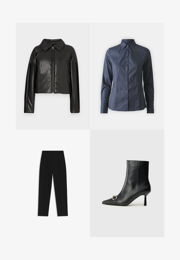 Czarna krótka kurtka z sztucznej skóry z kołnierzykiem i zapięciem na zamek. Posiada długie rękawy oraz gładką, błyszczącą fakturę.; Granatowa, długoskalowa koszula z zapięciem na guziki z przodu, zakończona szpiczastym kołnierzykiem i dopasowanym krojem. Wykonana z gładkiego, lekkiego materiału.; Czarne spodnie o prostym kroju, z podwójnymi zakładkami, gładką teksturą i klasycznym krojem w talii. Bez widocznych elementów metalowych ani akcentów.; Czarny skórzany botek za kostkę z szpiczastym noskiem, smukłym średnim obcasem i srebrnym zapięciem po boku na jednolitym tle.