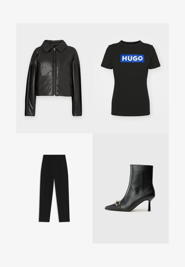 Giacca cropped nera in ecopelle con colletto e chiusura a zip. Caratterizzata da maniche lunghe e una texture liscia e lucida.; T-shirt nera a maniche corte in cotone, con una grande grafica rettangolare blu che riporta la parola "HUGO" in lettere bianche in grassetto.; Pantaloni neri a taglio dritto, con doppie pieghe, una texture liscia e un design classico in vita. Nessun hardware o dettaglio visibile.; Stivale alla caviglia in pelle nera con punta affusolata, tacco sottile di media altezza e dettaglio in fibbia argentata sul lato, su sfondo semplice.