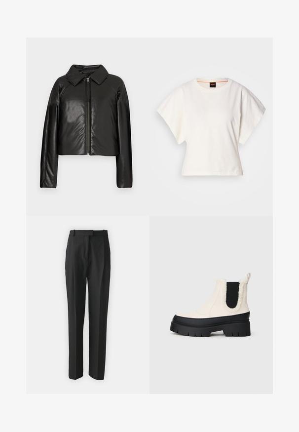 Veste cropped en simili cuir noir avec un col et fermeture zippée. Dispose de longues manches et d'une texture lisse et brillante.; T-shirt blanc cintré, manches courtes et larges, en coton doux, décolleté rond avec une discrète bordure orange, design minimaliste, sans motifs ni graphiques.; Pantalons noirs ajustés en tissu léger, avec une coupe droite, un devant plat et des passants de ceinture. Texture lisse sans motifs visibles.; Bottes chelsea à plateforme épaisse avec une tige blanche, semelle en caoutchouc noire et panneaux élastiques latéraux contrastants noirs. Bord en faux fourrure au sommet.
