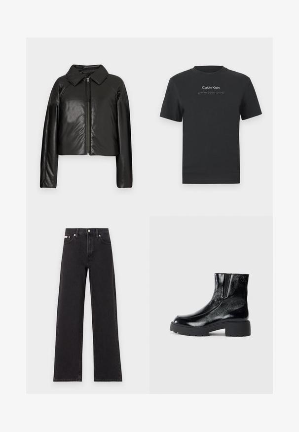 Jachetă cropped din faux leather negru, cu guler și închidere cu fermoar. Prezintă mâneci lungi și o textură netedă, lucioasă.; Tricou din bumbac negru cu guler rotund, mâneci scurte și logo-ul imprimat „Calvin Klein” în alb, împreună cu textul „Established 1968”.; Jeanși negri cu picioare largi, fabricați din denim, cu talie înaltă, stil cu cinci buzunare și închidere cu nasture metalic, cu cusături contrastante.; Botine negre până la gleznă, cu un finisaj de piele lacuită strălucitoare, talpă de cauciuc neagră masivă și toc înălțat; include detalii subtile cu logo pe lateral.