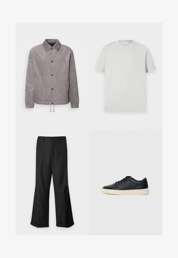 Sivá korduroy bunda s golierom, cvokovými gombíkmi, bočnými vreckami a elastickými manžetami. Obsahuje vyšívané logo "HUGO".; Svetlo šedé tričko s krátkym rukávom vyrobené z mäkkého materiálu, s okrúhlym výstrihom a voľným strihom, bez viditeľných vzorov alebo akcentov.; Čierne nohavice s širokými nohavicami a gombíkovým pásom, s manžetami na koncoch, vystavené na jednoduchom bielom pozadí.; Čierne nízkoprevádzkové kožené tenisky s čiernymi šnúrkami a krémovou podrážkou zobrazené v bočnom profile na bielom pozadí.