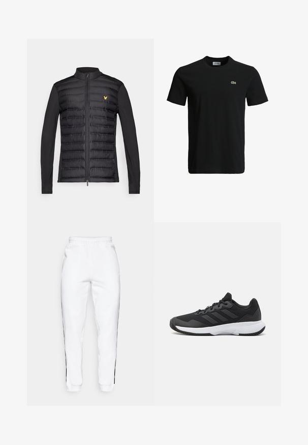 Fekete dzseki párnázott elülső résszel, vízszintes steppelésse, sima fekete ujjaival és arany logóval a bal mellrészen. Cipzáros elülső zárás.; Fekete pamut póló kerek nyakkivágással, rövid ujjakkal és egy kis zöld krokodil logóval a bal mellen. Sima textúra, laza dizájn.; Fehér melegítőnadrág, gumis derekkal, fekete oldalsávokkal és szegőkkel. Puha anyagból készült, sima tapintású.; Fekete sportcipő, amely texturált felsőrésszel, három vízszintes csíkkal és mintázott talppal ellátott fehér talppal rendelkezik. Könnyű és áramvonalas dizájn.