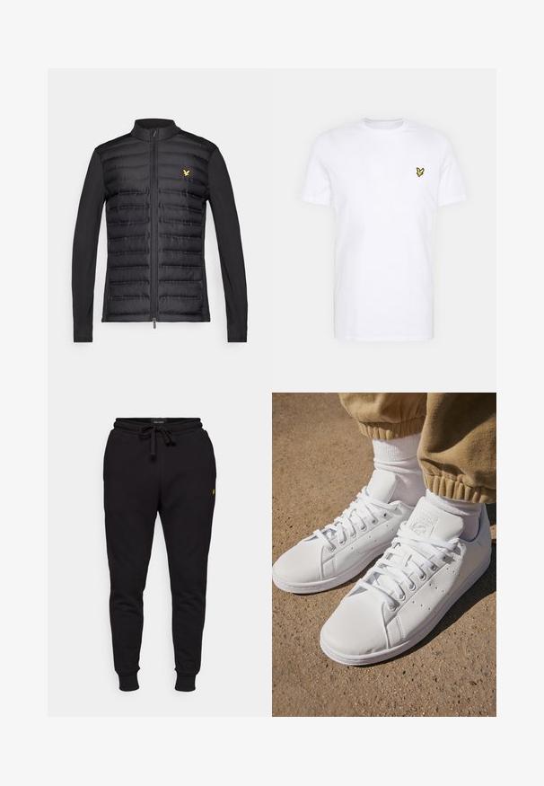 Giacca nera con una parte anteriore imbottita e cuciture orizzontali, maniche nere lisce e un logo dorato sul lato sinistro del petto. Chiusura frontale con zip.; T-shirt bianca in cotone con un piccolo logo ricamato nero e giallo sul lato sinistro del petto. Maniche corte e scollatura rotonda.; Pantaloni jogger neri in cotone con vita elastica, cordoncino e polsini a coste. Presentano un piccolo logo giallo sulla coscia sinistra.; Sneakers bianchi in pelle con superficie liscia, caratterizzati da un classico design con lacci, perforazioni per la traspirabilità e una suola in gomma testurizzata.
