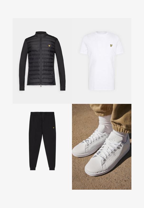 Svart jakke med polstret front og horisontale sømmer, glatte svarte ermer, og en gulllogo på venstre bryst. Lukking med glidelås foran.; Hvit bomulls T-skjorte med en liten svart og gul brodert logo på venstre bryst. Korte ermer og rund hals.; Svarte joggebukser med elastisk midjebånd og snor, smale ben med mansjetter og liten gul brodert logo på høyre lår.; Hvite lær sneakers med en glatt overflate, med et klassisk snøresystem, perforeringer for pusteevne, og en teksturert gummiyttersåle.