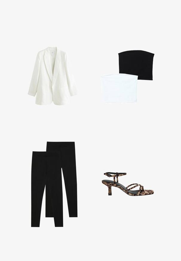 Hvid linned blazer med klapkrave, enkeltknaplukning og to frontlommer. Har en let oversized pasform og lange ærmer.; To sømløse rørhalseklæder: en sort og en hvid. Begge er lavet af blødt, strækbart stof og har en glat tekstur uden mønstre.; Sorte leggings lavet af strækbart stof med en sømløs talje og en slim fit design, velegnet til afslappet brug eller træning.; Sandaler med hæl i leopardmønster og firkantet tå, med flere stropper og en mellemhøj hæl. Fremstillet af blødt tekstilmateriale.