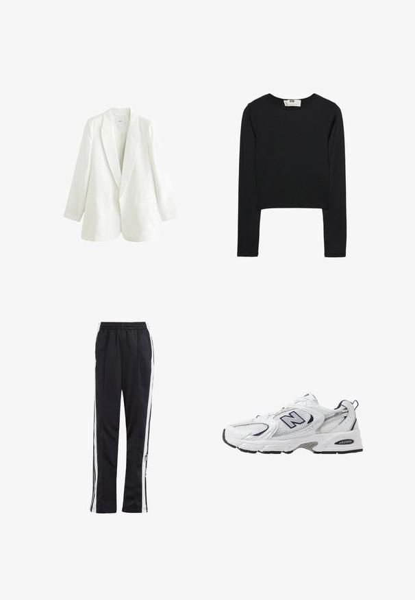 Valkoinen pellavablazeri, jossa on viistokaulus, yksipainikekiinnitys ja kaksi etutaskua. Ominaisuuksiin kuuluu hieman ylisuuri malli ja pitkät hihansuut.; Mustat pitkät hihat crop-top, joka on valmistettu kevyestä kankaasta. Tässä on pyöreä pääntie ja tiukka siluetti, puhtaat saumat ja ilman koristeita.; Mustat urheiluhousut valkoisilla sivupinnoilla, joustava vyötärö ja logopainatus. Valmistettu sileästä, kevyestä kankaasta. Suora lahkeiden muoto.; Valkoinen urheilushoe, jossa on verkkomateriaali päällä, laivastonsiniset yksityiskohdat ja pehmeä pohja. Varustettu "N"-logolla, nauhoilla ja teksturoidulla yksityiskohdalla sivussa.