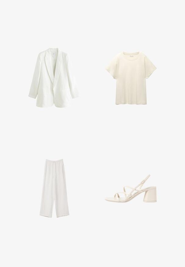 Blazer bianco in lino con rever a taglio, chiusura a un bottone e due tasche frontali. Presenta una vestibilità leggermente over e maniche lunghe.; Maglietta a maniche corte beige chiaro con scollatura rotonda, realizzata in un tessuto morbido e liscio. Presenta una vestibilità comoda e un orlo dritto.; Pantaloni a gamba larga bianchi realizzati in un tessuto leggero. Presentano una vita elastica con cordoncino e tasche laterali. Texture liscia.; Sandali con tacco beige con sottili cinturini incrociati, punta aperta e tacco quadrato a blocco. Finitura in vernice liscia, cinturino alla caviglia regolabile.