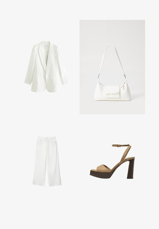 White linen blazer with a notch lapel, single-button closure, and two front pockets. Features a slightly oversized fit and long sleeves.; Light beige short-sleeve t-shirt with a round neckline, made of soft, smooth fabric. Features a relaxed fit and straight hemline.; White wide-leg pants made of soft fabric, featuring a drawstring waist and two front pockets. Smooth texture and no visible patterns.; Beige suede high-heeled sandals with a wide front strap and ankle strap, featuring a chunky wooden block heel with a textured finish.; White synthetic handbag with a triangular shape, flat front flap and bow detail, adjustable strap, smooth texture, and minimalistic design.