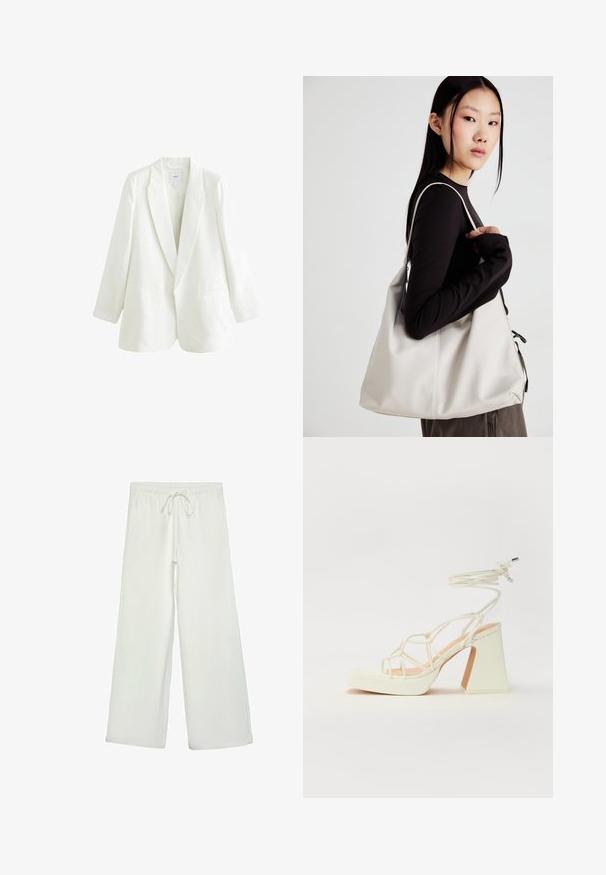 Weißer Leinenblazer mit einem Reverskragen, Ein-Knopf-Verschluss und zwei vorderen Taschen. Hat eine leicht oversized Passform und lange Ärmel.; Weißes T-Shirt mit kurzen Ärmeln und Rundhalsausschnitt, aus weicher Baumwolle gefertigt, mit einem schlichten, sauberen Design ohne sichtbare Muster oder Akzente.; Weiße, weit geschnittene Hose aus weichem Stoff. Mit einem elastischen Bund und einem Kordelzug sowie einer glatten Oberfläche. Keine sichtbaren Muster oder Hardware.; Weiße High-Heel-Sandale mit einem klobigen Absatz, die über ein Riemchendesign und ein Knöchelband verfügt. Glatte Textur mit einer Plattform vorne für zusätzliche Höhe.; Beige Handtasche aus weichem Material, mit einem lässigen Design, gesteppten Details und zwei Schulterriemen. Geeignet für den täglichen Gebrauch.