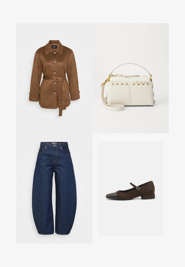 Giacca in suede marrone con colletto, bottoni frontali e cintura. Presenta maniche lunghe e una trama liscia. Design semplice.; Maglione corto blu navy realizzato in morbido materiale a maglia. Presenta un collo rotondo e maniche lunghe con polsini a costine. Design semplice ed elegante.; Jeans in denim blu scuro con taglio ampio e comodo. Presentano una chiusura con zip, quattro tasche e cuciture a contrasto lungo le cuciture.; Scarpa Mary Jane in suede marrone con punta in vernice nera, cinturino regolabile e tacco basso a blocco. Texture liscia con dettagli minimi.; Borsa a mano in finta pelle bianca con zip superiore, manico corto e tracolla rimovibile con hardware in tono oro. Dettaglio di laccio laterale.; Orecchino a cerchio in argento con finitura lucida, caratterizzato da piccoli dettagli in oro e una forma tondeggiante, indossato sul lobo.