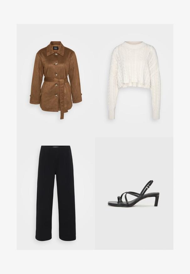Bruin suède jack met een kraag, knopen aan de voorkant en een strikceintuur. Heeft lange mouwen en een gladde textuur. Eenvoudig ontwerp.; Naturelkleurige korte kabelgebreide trui met lange mouwen en een geribbelde ronde halslijn en manchetten, weergegeven op een effen achtergrond.; Zwarte wijde broek met een elastische tailleband. Gemaakt van een gestructureerd materiaal, met een losse pasvorm en rechte snit van heup tot zoom.; Zwarte sandaal met bandjes, vierkante teen en een lage blokhak. Voorzien van meerdere dunne bandjes en een verstelbare enkelband. Gemaakt van zacht leer.