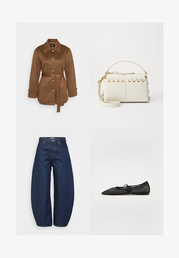 Pruun nahast jakke kraega, esipainetega ja vööga. Omab pikki varrukaid ja sujuvat tekstuuri. Lihtne disain.; Valge ilma varrukateta bodi kõrge kaelusega ja stripp-põhjaga. Sile tekstuur ja sobiv siluett, disainitud kehaigavaks väljanägemiseks.; Kõrge vöökohaga tumesinised denim püksid laia säärega, esine nupuga ja tõmblukuga sulgemine ning klassikaline viie tasku disain.; Mustade lameershoed, millel on terav nina, võrgust ülemine osa ja läikivad nahast aktsendid. Omab õhukest rihma, millel on ringikujuline riistvara detail.; Valge kunstnahast kott, millel on ülemine tõmblukk, lühike käepide ja eemaldatav ristkeha rihm kuldsete detailidega. Külgade lacing detail.; Hõbedane rõngas kõrvarõngas poleeritud viimistlusega, millel on väikesed kuldsed aktsendid ja ümmargune kuju, kantud lobus.