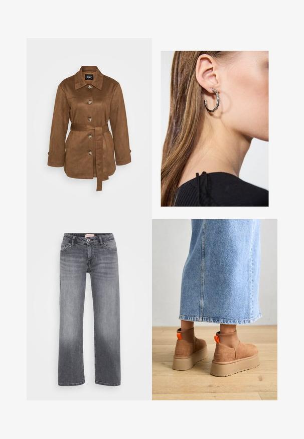 Brūns zamša auduma jakas ar apkakli, priekšējām pogām un siksnu. Iezīme garas piedurknes un gluda tekstūra. Vienkāršs dizains.; Even&Odd Petite 2 PACK - Tops - light grey/black; Pelēki džinsi ar taisnu kāju dizainu, piecu kabatu stils, viegla izbalēšana un pogas aizdare viduklī.; Brūni zamšādas platforma zābaki ar elastīgiem sānu paneļiem un oranžām cilpām, apvienoti ar līdz ceļgaliem garu gaišā denima svārku uz koka grīdas.; Sudraba auskars ar pulētu apdari, ar maziem zelta akcentiem un apaļu formu, uz ausu ļipiņas.