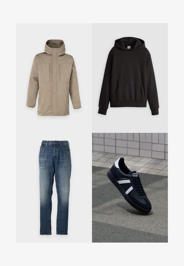 Bežna zimska jakna z visokim ovratnikom, sprednjim zadrgo in dvema žepoma na prsih s poklopcema. Narejena iz gladkega, trpežnega blaga.; Črna kapuca Levi's z žepom za roke spredaj in diskretno vezenim logotipom na prsih, prikazana na svetli enobarvni podlagi.; Denimske hlače v zbledeli modri barvi, s straight leg obliko, z zmernim obrabljenjem spredaj in klasičnim pet-pocket stilom.; Črne usnjene superge z belimi črtami, teksturiran gumijast podplat in zavezovanje spredaj. Imajo označeno oznako na ježku.
