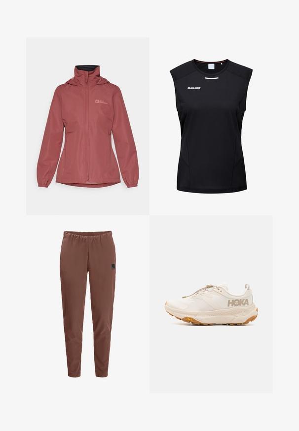 Jack Wolfskin STORMY POINT 2L JACKET - Hardshelljacke - red ochre; Mammut AENERGY FL - Top - black; Braune, leichte und atmungsaktive Hose mit elastischem Bund. Verfügt über ein Logopatch auf der rechten Seite. Glatte Textur, schmal zulaufende Passform.; HOKA TRANSPORT - Hikingschuh - eggnog