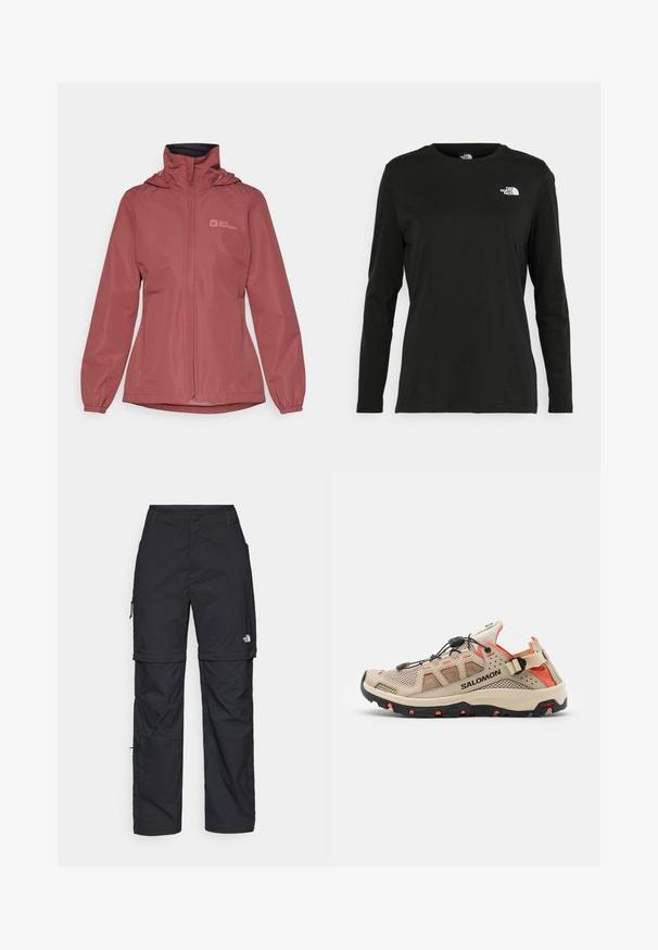 Jack Wolfskin STORMY POINT 2L JACKET - Veste Hardshell - red ochre; T-shirt noir à manches longues en coton avec un col rond. Présente un petit logo blanc sur la partie gauche de la poitrine. Design et coupe simples.; Pantalons cargo en nylon noir, à zip amovible, avec chevilles ajustables, plusieurs poches et un logo sur la jambe droite. Texture lisse et légère.; Baskets de sport en mesh beige avec des accents noirs et orange, dotées d'un système de laçage rapide, d'une semelle robuste avec adhérence et d'un support de talon rembourré.