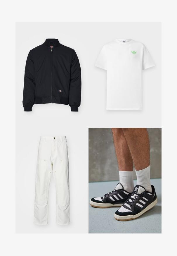 Crna bomber jakna od najlona, koja ima prednji patentni zatvarač, visoki ovratnik, elastične manžete i mali logo s lijeve strane.; Bijela pamučna majica kratkih rukava, s malim zelenim Adidas logotipom na lijevoj strani prsnog koša. Jednostavan, klasičan dizajn s okruglim izrezom.; Bijele pamučne cargo hlače s opuštenim krojem. Značajke uključuju prednje džepove, zlatne detalje i ojačane dijelove koljena.; Crne i bijele tenisice s gornjim dijelom od antilopa i kože, s tri bijele pruge, perforiranim prstom i gumiranim potplatom.