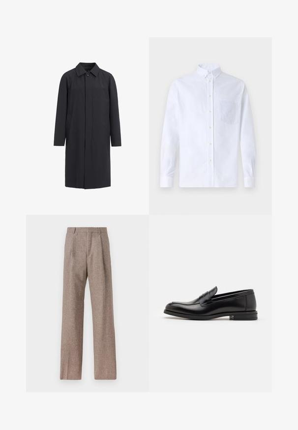 Lange zwarte jas van lichtgewicht materiaal. Kenmerken zijn een kraag, sluiting met knopen aan de voorkant en zijzakken. Gladde textuur, minimalistisch ontwerp.; Witte lange mouwen overhemd van katoen, met een borstzak met tonale borduring, een kraag en knopenmanchetten.; Bruine, hooggewaisted broeken van een gestructureerde stof. Heeft wijde benen en twee voorplooien voor extra structuur. Net afgewerkt zonder zichtbare hardware.; Zwarte leren instappers met een gladde textuur, ronde neus en een decoratieve band over de wreef. Lage, gestapelde hak en minimalistisch ontwerp.