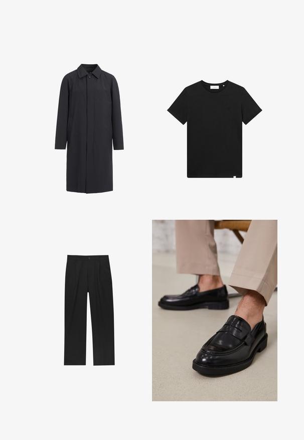 Lång svart kappa i lätt material. Har en krage, framknäppning och sidofickor. Mjuk textur, minimalistisk design.; Svart kortärmad T-shirt i bomull, med rund hals och en liten logotyp broderad på bröstet. Slät textur, standard passform.; Svarta byxor med rak ben-design, tillverkade av ett jämnt tyg. Har framfickor och en enkel knapplåsning i midjan.; Svarta läder loafers med en slät finish, prydda med en dekorativ rem och kontrastsöm, tillsammans med beiga byxor.