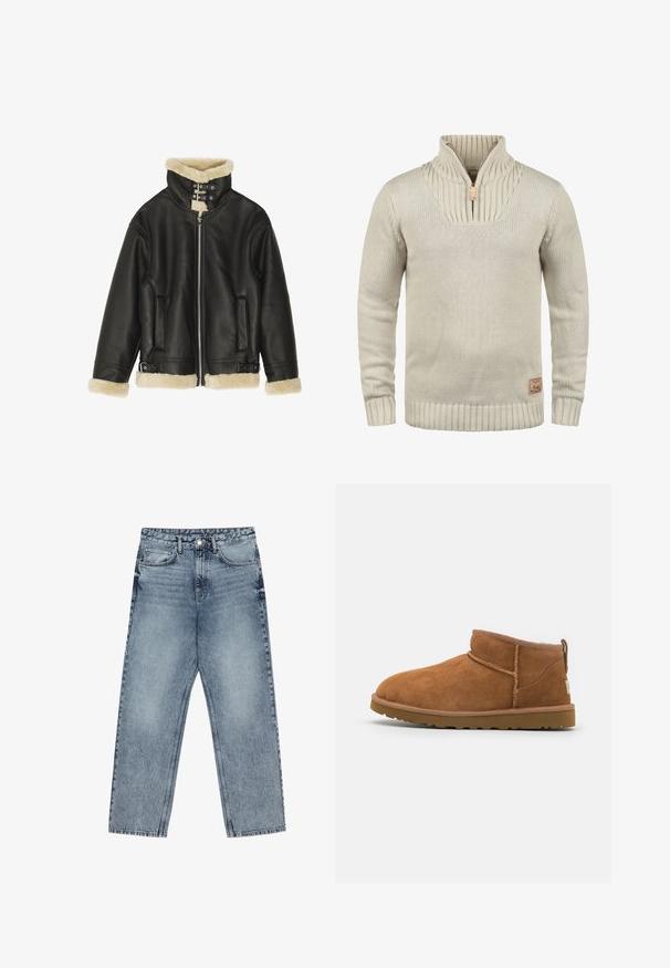 Crna kožna jakna s mekim bež ovčjim ovratnikom i manšetama. Ima prednju patentnu zatvarač i dva bočna džepa. Čvrst dizajn s kopčama.; Bež pleteni pulover s polu-zip ovratnikom, rebrastim manžetama i rubom. Ima strukturirani uzorak na ovratniku i malu oznaku logotipa.; Svijetloplave traperice ravnog kroja, vidljivo šivanje, dizajn s pet džepova i kopčanje na gumbu u struku.; Tamnasti antilop čizme do gležnja s zaobljenim vrhom, suptilnim detaljima šivanja i teksturiranom gumom potplatom. Niska visina bez pertli.