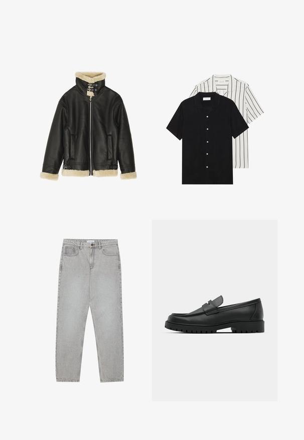 Black leather jacket with plush beige shearling collar and cuffs. Features a front zip closure and two side pockets. Sturdy design with buckles.; Two short-sleeve shirts: one solid black, one white with black vertical stripes. Both feature button closures and a classic collar.; Light grey denim pants with a straight-leg design, five-pocket styling, and a button closure. Visible stitching along the seams.; Black leather loafers with a rounded toe, featuring a stitched design, low platform sole, and a textured, lugged rubber outsole.