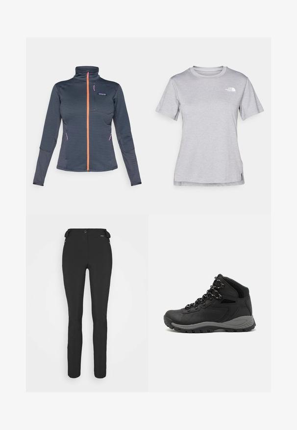 Fleece zip-jakke i mørkegrå med en oransje frontglidelås og rosa glidelåser i aksenter, med høy krage og strukturert stoffmønster.; Grå kortermet t-skjorte laget av myk, fukttransporterende stoff. Har en rund hals og en liten hvit logo på øvre venstre side.; Svart, tettsittende bukser laget av et fleksibelt materiale. Funksjoner inkluderer en glidelåslukket sidelomme, artikulerte knær og en glatt tekstur.; Sorte turstøvler med mid-topp design, som har en teksturert overdel, grå detaljer og slitesterk gummisåle med godt grep.