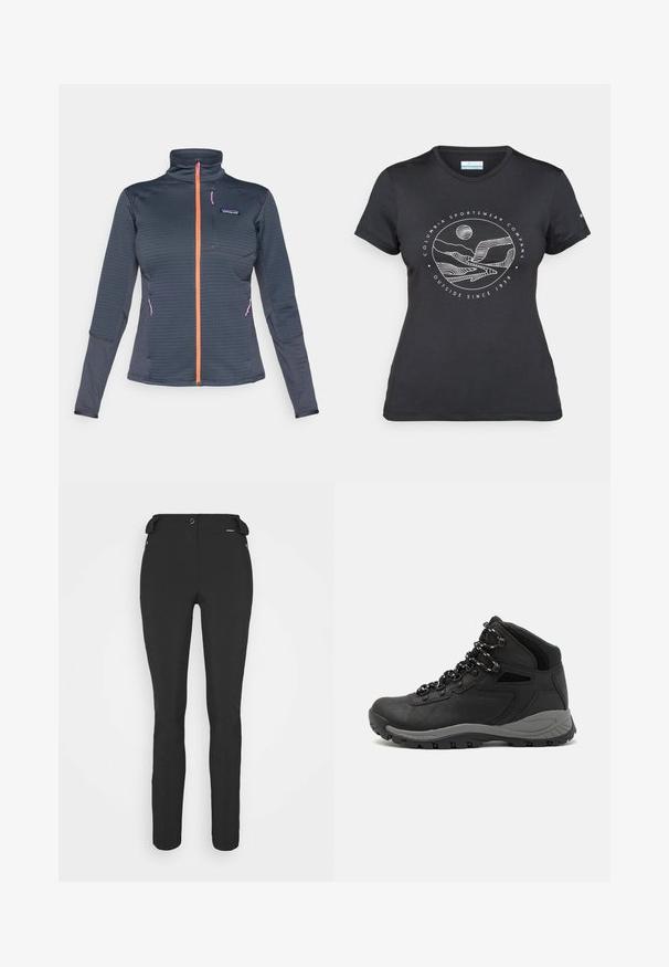 Tamsiai pilka flisinė zip-up striukė su oranžine priekinio užtrauktuko detale ir rožinėmis užtrauktuko akcentais, su aukštu apykakle ir tekstūrine audinio raštu.; Juodas "Columbia" marškinėliai su balta apskrita kalnų ir upės linijų grafika bei tekstu "Columbia Sportswear Company Lauke nuo 1938 metų."; Juodos, prigludusios kelnės, pagamintos iš lankstaus medžiagos. Ypatybės: šoninis kišenės užtrauktuku, suformuotos kelių sritys ir lygi tekstūra.; Juodas žygio botas su vidutinio aukščio dizainu, pasižymintis tekstūruota viršutine dalimi, pilkų akcentų ir patvaria guma padanga su sukibimo gumbais.
