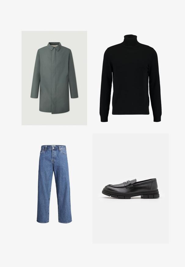 Harmaa, keskipitkä takki, jossa on muotoiltu kaulus, suora siluetti ja ei näkyviä kiinnikkeitä, sisältäen sivutaskut ja sileän tekstuurin.; Mustat poolokauluspusero, joka on valmistettu pehmeästä neulomateriaalista. Siinä on pitkät hihat, ribbireunus kauluksessa ja helmassa. Yksinkertainen, tyylikäs muotoilu ilman kuvioita.; Vaaleansiniset farkut, joissa on suora lahje, korkea vyötärö ja minimaliset ompeluyksityiskohdat. Kangas on pehmeä ja hieman haalistunut.; Mustat nahkaa olevat loaferit, joissa on sileä pinta, varustettuna edessä olevalla hihnalla ja paksulla kumipohjalla, jossa on uritettua muotoilua.