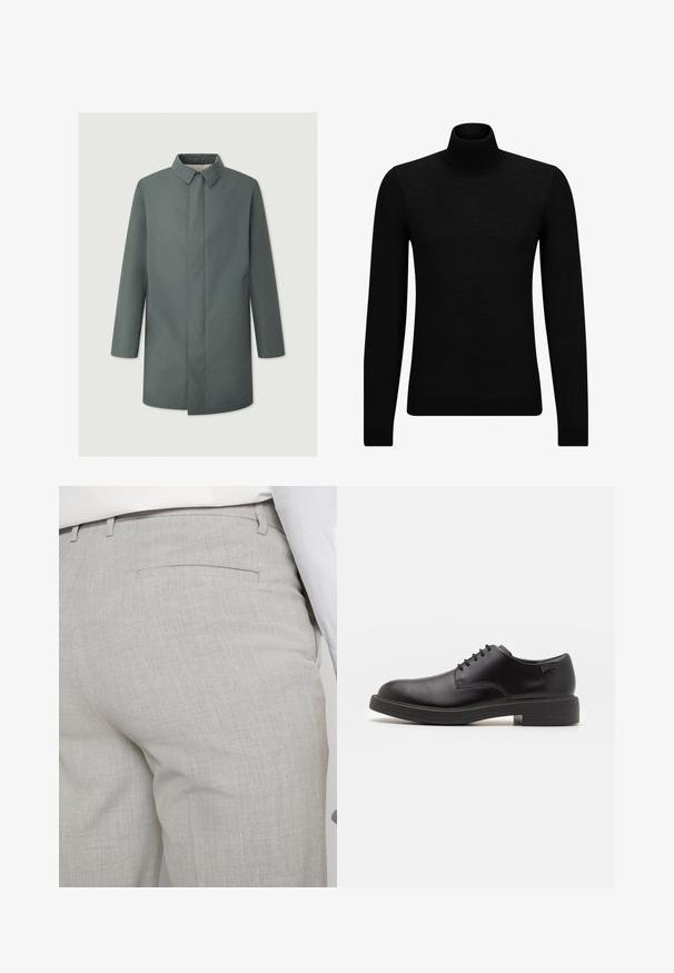 Šedý kabát strednej dĺžky so štruktúrovaným golierom, priamym strihom a bez viditeľných zapínaní, s bočnými vreckami a hladkou textúrou.; Čierny rolák vyrobený z jemného materiálu, s dlhými rukávmi a tesným strihom. Hranatý lem a manžety s ribbed úpravou. Jednoduchý dizajn.; Svetlosivé nohavice na mieru vyrobené zo štruktúrovanej látky, s jedným zadným vreckom a čistým prešívaním.; Čierne kožené šnurovacie topánky s okrúhlou špičkou, hladkým povrchom, minimálnym prešívaním a nízkym gumovým podpätkom. Logo na podpätku.